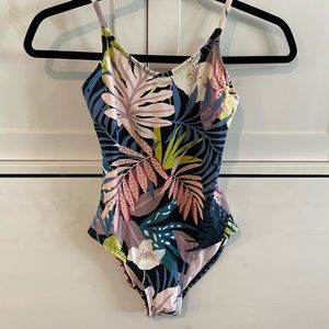 Girls one-piece bathing suit, tropical palms design, size 7